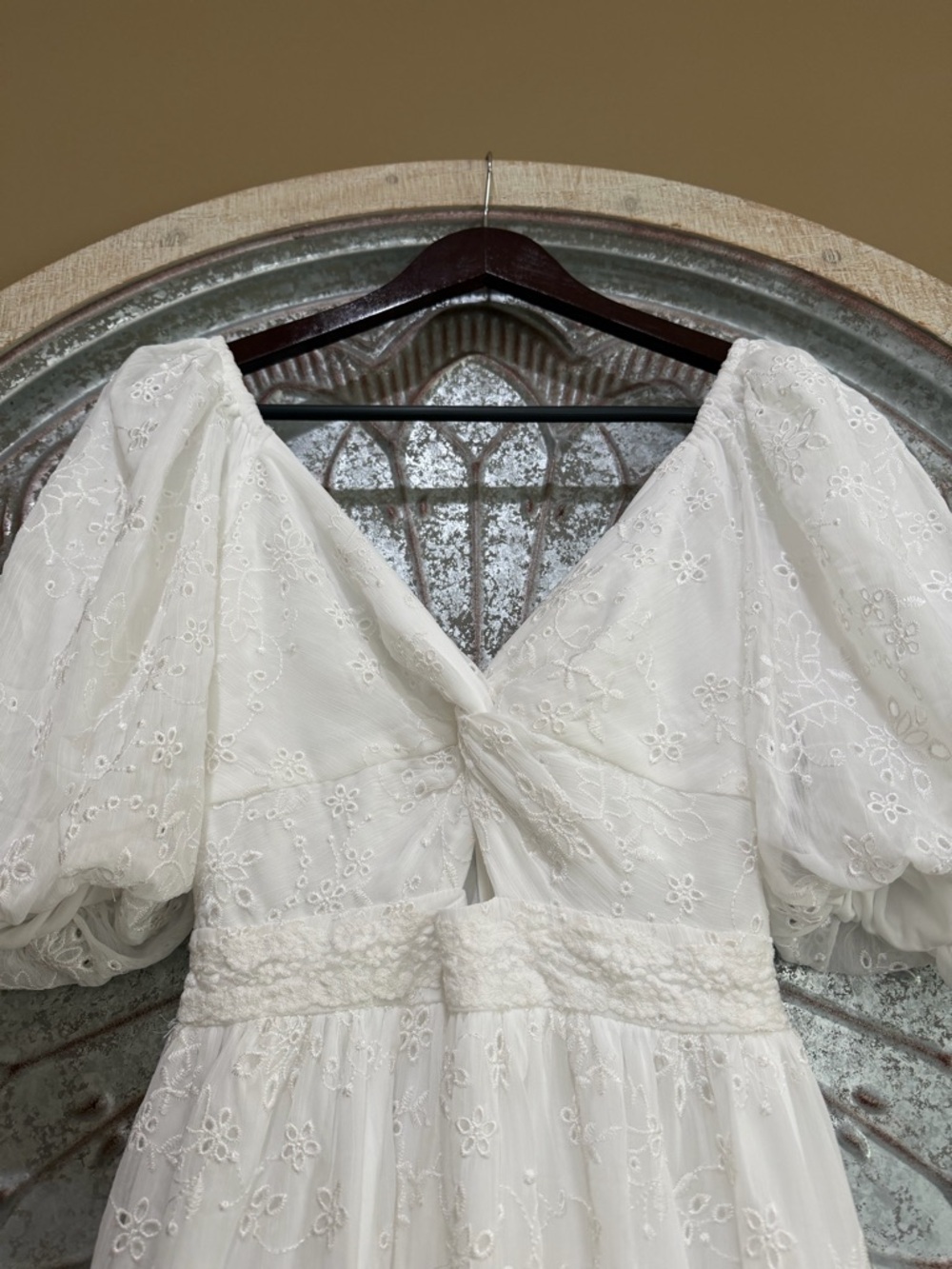 NWT Altar'd State White Eyelet Maxi Dress with Twist Front and Puff Sleeves - Picture 6 of 9
